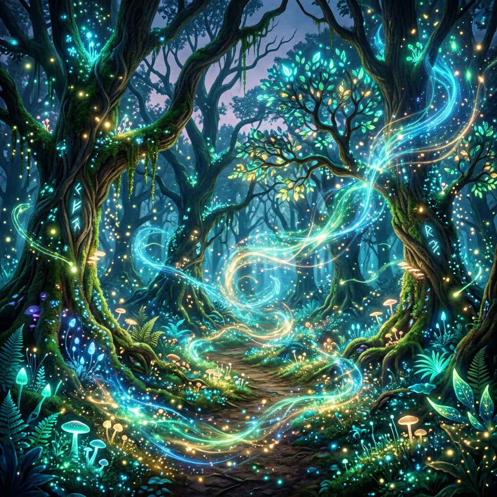 Enchanted forest path with glowing mushrooms, magical swirls, and ancient runes on trees