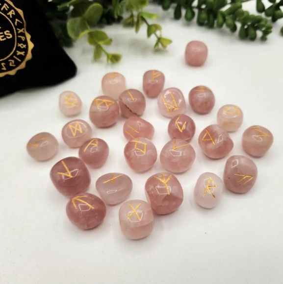 Rose Quartz Semi-Precious Gemstone Rune Set